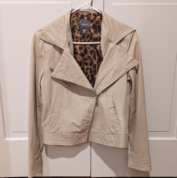 Kenna-T Classic Leather Moto Jacket Sz M Beige - Picture 1 of 8